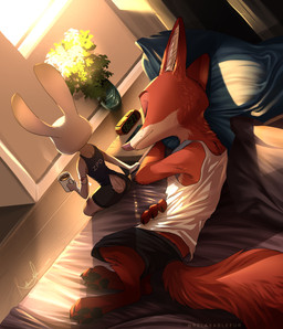 alarm_clock anthro bandage barefoot bed bottomwear clock clothed clothing container cup detailed_background duo dutch_angle eyes_closed feet female fully_clothed fur furniture grey_body grey_fur holding_container holding_cup holding_object light male nightstand on_bed orange_body orange_fur pawpads plant plant_pot potted_plant shirt shorts sitting sleeping tank_top topwear relaxablefur disney zootopia judy_hopps nick_wilde canid canine fox lagomorph leporid mammal rabbit red_fox true_fox 2020 hi_res lighting