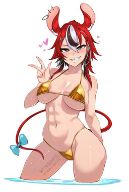 5_fingers abs accessory areola areola_slip big_breasts bikini blue_bow bow_ribbon breasts clothing ear_piercing ear_ring eyebrows eyelashes female fingers furgonomics gesture gold_bikini grin hair hand_gesture heart_symbol hoop_ear_ring inner_ear_fluff looking_at_viewer navel partially_submerged piercing red_hair ribbons ring_piercing sharp_teeth simple_background smile solo swimwear tail tail_accessory tail_bow tail_ribbon teeth text tuft two-piece_swimsuit white_background white_inner_ear_fluff win-victory-love myth1carts hololive hololive_en vtuber hakos_baelz animal_humanoid humanoid mammal mammal_humanoid mouse_humanoid murid murid_humanoid murine murine_humanoid rodent rodent_humanoid 2026 artist_name hi_res
