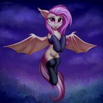 1:1 2020 absurd_res bat_pony bat_wings clothing cutie_mark digital_media_(artwork) equid eyebrows eyelashes female feral flutterbat_(mlp) fluttershy_(mlp) friendship_is_magic hasbro hi_res legwear looking_at_viewer mammal membrane_(anatomy) membranous_wings my_little_pony night open_mouth open_smile outside setharu smile solo wings