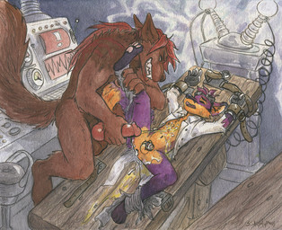 after_anal after_sex anthro anus balls bdsm big_penis bodily_fluids bondage bound brown_body brown_fur butt chastity_cage chastity_device clothed clothing coat cum cum_drip cum_in_ass cum_inside dripping duo erection eyes_closed eyewear feet forced fur gaping gaping_anus genital_fluids genitals goggles golden_shower hair hand_on_penis hindpaw humanoid_genitalia humanoid_penis hybrid_genitalia hybrid_penis knot lab_coat leaking_cum leg_grab lock lying mad_scientist male male/male male_peeing moan nude on_back open_clothing open_shirt open_topwear padlock partially_clothed paws peeing peeing_while_erect penis purple_body purple_fur purple_hair red_body red_fur red_hair restraining_table shirt short_hair size_difference spread_legs spreading teeth topwear torn_clothing urine urine_on_belly urine_stream watersports sicklyhypnos mythology calvin_(okied) houzie canid canine canis fox mammal mythological_canine mythological_creature werecanid werecanine werecreature werewolf wolf painting_(artwork) traditional_media_(artwork) traditional_painting_(artwork) traditional_watercolor_(artwork) watercolor_(artwork)