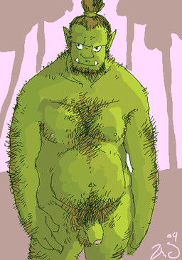 arm_hair balls body_hair brown_hair chest_hair facial_hair flaccid foreskin genitals glans green_body green_skin hair humanoid_genitalia humanoid_penis male navel nipples not_furry nude partially_retracted_foreskin penis pubes solo topknot artdecade blizzard_entertainment warcraft humanoid orc 2004 digital_media_(artwork) low_res oekaki