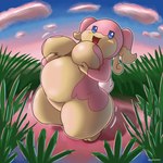 belly big_breasts biped blue_eyes breasts cloud day female fingers grass motion_lines open_mouth open_smile outside plant sky smile solo tail text tongue white_text mewscaper nintendo pokemon audino generation_5_pokemon pokemon_(species) 2023 absurd_res artist_name english_text hi_res