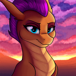 2_horns blue_eyes confusion eyebrows eyelashes female hair half-closed_eyes horn looking_at_viewer narrowed_eyes orange_body orange_scales purple_hair scales solo spikes sunset misty_horyzon friendship_is_magic hasbro my_little_pony mythology smolder_(mlp) dragon mythological_creature mythological_scalie reptile scalie 1:1 absurd_res hi_res