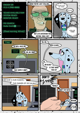 black_spots computer elderly_male electronics female feral fur green_eyes green_text grey_hair hair male spots text white_body white_fur redundantmodule 101_dalmatian_street 101_dalmatians disney alfred_bright delilah_(101_dalmatians) canid canine canis dalmatian domestic_dog human mammal comic english_text hi_res