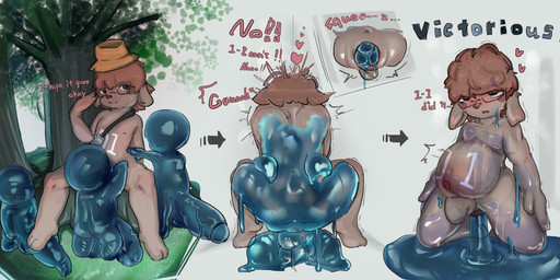 anal anal_penetration anthro balls belly belly_inflation big_penis blush bodily_fluids brown_body brown_hair clothing cowgirl_position crouching cum cum_expulsion cum_inflation cum_inside eyewear femboy from_front_position genital_fluids genitals glasses group group_sex hair half-closed_eyes hat headgear headwear heart_symbol inflation liquid looking_pleasured male male/male narrowed_eyes navel nipples nude on_bottom on_top open_mouth penetration penis plant rear_view saggy_balls sex slime slime_sex solo stepping_on_genitals stretched_anus sweat tail text tree triple_penetration vein snafgh goo_creature lagomorph mammal english_text hi_res multiple_scenes