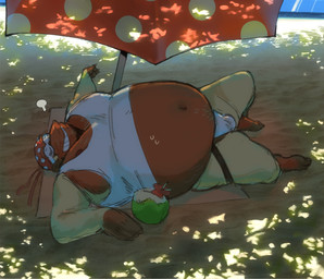anthro beach belly big_belly blonde_hair bodily_fluids body_hair brown_body clothing eyewear hair happy_trail huge_belly male moobs navel nipples open_mouth outside overweight overweight_male sand seaside smile solo stretch_marks chocopaws2 donkey_kong_(series) nintendo funky_kong ape gorilla haplorhine kong mammal primate digital_media_(artwork)