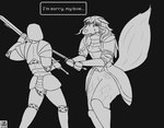 anthro bodily_fluids crying duo female fight knight love male melee_weapon sword tears warrior weapon liveiron human mammal absurd_res hi_res monochrome