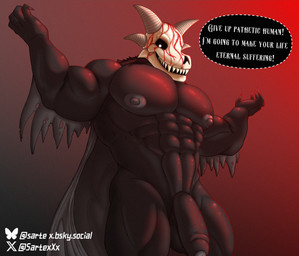 abs anthro balls big_penis black_body bone cape claws clothing dialogue flaccid foreskin genitals glans gradient_background horn huge_penis looking_at_viewer male muscular muscular_anthro muscular_arms muscular_legs muscular_male navel nipples open_mouth pecs penis pose raised_arm sharp_teeth simple_background skull skull_head solo standing teeth text white_eyes sartex fran_bow remor demon 2026 absurd_res digital_drawing_(artwork) digital_media_(artwork) english_text hi_res portrait signature three-quarter_portrait