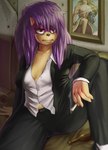 anthro bottle breasts bullet_holes cigarette cleavage clothed clothing container female fur grumpy hair heart_symbol long_hair purple_body purple_fur purple_hair shirt smoking solo suit tired topwear unbuttoned_shirt vapolygon sega sonic_the_hedgehog_(series) sonic_underground tamers12345's_sonic_underground queen_aleena_hedgehog eulipotyphlan hedgehog mammal hi_res