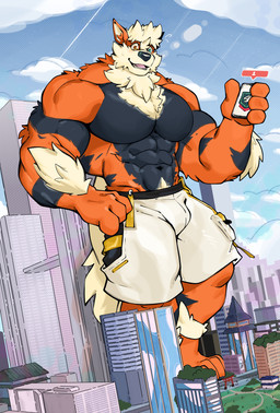 abs anthro barazoku biceps big_muscles big_pecs bottomwear bulge cellphone city clothed clothing electronics fur heterochromia huge_muscles huge_pecs macro macro_male male muscular muscular_anthro muscular_male orange_body orange_fur outside pecs phone shorts shorts_only smartphone solo standing topless oinu_kori nintendo pokemon pokemon_go kori_(oinu_kori) arcanine canid canine generation_1_pokemon mammal pokemon_(species) digital_media_(artwork) hi_res