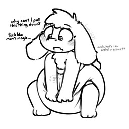 3_toes 4_fingers ambiguous_gender anthro big_diaper blush blush_lines clean_diaper clothed clothing crouching dialogue diaper diaper_only ellipsis feet fingers floppy_ears fur hand_on_diaper locked_diaper open_mouth rumbling_stomach short_tail simple_background snaggle_tooth solo sound_effects tail text toes topless touching_diaper vowelless vowelless_sound_effect wearing_diaper white_background white_body white_diaper white_fur white_tail young young_anthro ludis-luteo undertale undertale_(series) asriel_dreemurr bovid caprine goat mammal 1:1 2025 english_text full-length_portrait greyscale hi_res monochrome portrait signature male_(lore)