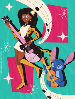 4_fingers 5_fingers ambiguous_gender black_hair blue_body blue_claws blue_fur blue_nose boots brown_body brown_eyes brown_skin chest_tuft choker claws clothed clothing duo ear_piercing electric_guitar eyes_closed fake_cat_ears fake_ears fake_tail female fingers footwear fur guitar hair head_tuft heart_symbol holding_musical_instrument holding_object jewelry larger_female larger_human looking_at_viewer lute musical_instrument musical_note musical_symbol necklace notched_ear piercing playing_music plucked_string_instrument shoes sitting size_difference smaller_ambiguous smile string_instrument symbol text tuft ukulele francesca_damkar disney hanna-barbera josie_and_the_pussycats lilo_and_stitch stitch_(lilo_and_stitch) valerie_brown alien experiment_(lilo_and_stitch) human mammal 2019 absurd_res crossover hi_res url