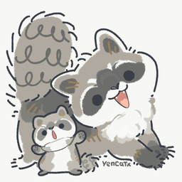 black_eyes black_nose chibi cute_fangs dot_eyes duo fangs feral grey_body simple_background simple_eyes teeth white_body yencatx mammal procyonid raccoon 1:1 2022