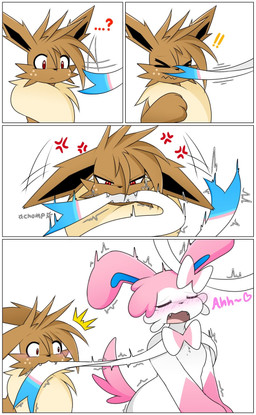 anthro bite blush bow_ribbon breasts brown_body brown_fur duo fangs female fur gesture male multicolored_body multicolored_fur open_mouth pink_body pink_fur red_eyes ribbons simple_background suggestive suggestive_gesture tail teeth text white_body white_fur nakachidragon nintendo pokemon eva_(naka) ribby_(naka) eevee eeveelution generation_1_pokemon generation_6_pokemon pokemon_(species) sylveon 2025 comic digital_media_(artwork) hi_res
