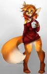 anthro bedhead beverage breasts clothing coffee collar dress female green_eyes hair long_ears pigeon_toed red_hair solo tired wide_hips theredghost autumn_(praexon) canid canine fox mammal digital_media_(artwork) hi_res shaded