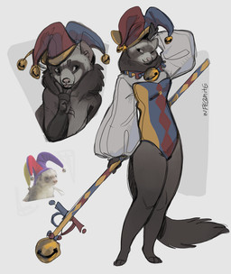 anthro bell clothed clothed_anthro clothed_female clothing female female_anthro fool's_hat hat headgear headwear holding_object jester jester_outfit solo standing infezmite domestic_ferret mammal mustelid musteline true_musteline weasel 2026 digital_drawing_(artwork) digital_media_(artwork) hi_res multiple_images reference_image signature