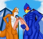 anthro balls beak blue_body blue_feathers bodily_fluids erection feathers genital_fluids genitals group humanoid_genitalia humanoid_penis interspecies larger_male macro male male/male micro nude penis precum size_difference smaller_male tail kp-yoshi nintendo star_fox falco_lombardi fox_mccloud wolf_o'donnell avian bird canid canine canis fox mammal wolf