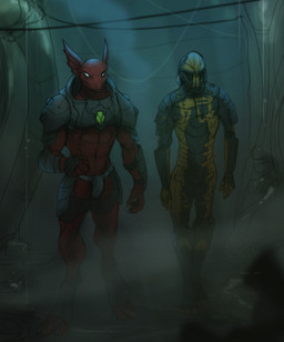 armor boots bulge clothing dark duo footwear full_armor headgear helmet jockstrap machine male power_armor red_body red_skin science_fiction shoes street unconvincing_armor underwear walking lethal_doors amphibian human mammal salamander scalie hi_res