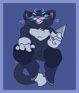 anthro anus arm_tuft bed black_body black_fur blue_background blue_eyes boots butt chest_markings chest_tuft clothing dagger dipstick_tail eyebrows female flat_chested footwear fur furniture furrowed_eyebrows genitals grey_background grin hand_on_leg hand_on_thigh holding_dagger holding_melee_weapon holding_object holding_weapon leg_markings legwear looking_at_viewer markings melee_weapon narrowed_eyes on_bed pink_nose pubes shoes shoulder_tuft simple_background sitting sitting_on_bed smile socks_(marking) solo stockings tail tail_markings tuft vulva weapon whiskers white_eyebrows white_markings white_tail_tip white_whiskers conditional_dnp kazz_a_fella dreamworks puss_in_boots_(franchise) kitty_softpaws domestic_cat felid feline felis mammal 2023 colored_line_art digital_drawing_(artwork) digital_media_(artwork) hi_res shaded signature simple_shading