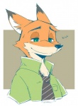 anthro clothed clothing dipstick_tail fur green_eyes male markings multicolored_tail necktie orange_body orange_fur shirt smile solo tail tail_markings topwear shimomaro disney zootopia nick_wilde canid canine fox mammal red_fox true_fox 2017