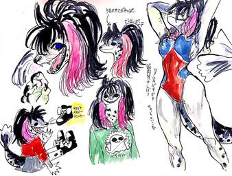 anthro black_hair blue_eyes breasts clothed clothing eyewear female hair one-piece_swimsuit open_mouth pink_hair ponytail simple_background smile solo spots swimwear tail teeth text topwear whiskers white_background kyokyota aquatic leopard_seal mammal pinniped seal 2017 hi_res japanese_text traditional_media_(artwork)
