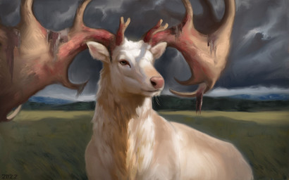 albino dark_clouds feral fur grass huge_antlers male pink_nose plant shedding_antlers sky solo white_body white_fur alexpahomov cervine deer irish_elk mammal megaloceros prehistoric_species 2022