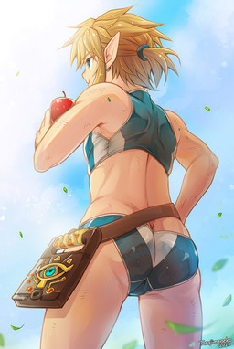 apple blonde_hair blue_eyes butt clothing cloud day ear_piercing ear_ring eating food fruit hair humanoid_pointy_ears male not_furry piercing plant pointy_ears ponytail ring_piercing sheikah_slate solo tablet_computer torajimaneko breath_of_the_wild nintendo the_legend_of_zelda link humanoid hylian 2020 signature
