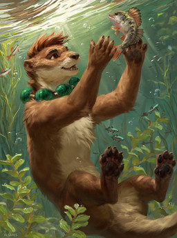 anthro beaded_jewelry beaded_necklace beads brown_body brown_eyes brown_fur brown_hair bubble claws fur hair jewelry male necklace pawpads paws plant solo tail teeth text underwater water whiskers alsares sai_(saiotter) aquatic fish mammal mustelid otter river_otter 2025 artist_name digital_media_(artwork) english_text hi_res