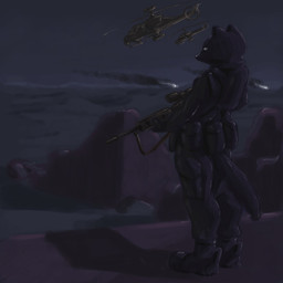 aircraft anthro belt_pouch biped black_body black_fur boots bottomwear cargo_pants clothed clothing dark desert footwear fully_clothed fur gun helicopter holding_gun holding_object holding_ranged_weapon holding_weapon male military night outside pants ranged_weapon shoes sky solo speedpaint standing tail vehicle weapon tetarga canid canine mammal 1:1