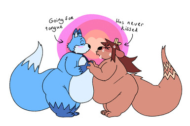 ambiguous_gender anthro antlers barefoot belly big_belly big_tail blue_body blue_fur bodily_fluids brown_body brown_fur duo feet fur hair heart_symbol horn huge_belly imminent_kiss long_hair male male/ambiguous nude nude_ambiguous nude_male sweat sweaty_face tail text pocket-deer-art sdh_tripicality the_rodfellows_movie canid canine canis deer mammal new_world_deer reindeer wolf digital_drawing_(artwork) digital_media_(artwork) english_text nonbinary_(lore)