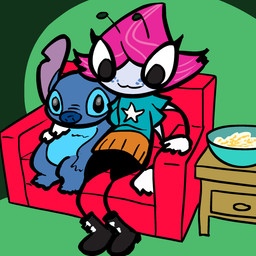 4_arms ambiguous_gender antennae_(anatomy) anthro black_eyes blue_body blue_fur blue_nose boots clothed clothing duo female food footwear freckles fur hair inside multi_arm multi_limb notched_ear pink_hair popcorn shirt shoes sitting smile t-shirt topwear kajabuubuu disney lilo_and_stitch the_buzz_on_maggie maggie_pesky stitch_(lilo_and_stitch) alien arthropod experiment_(lilo_and_stitch) fly_(animal) insect 1:1 2020 aliasing crossover digital_drawing_(artwork) digital_media_(artwork) flat_colors hi_res male_(lore)