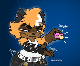 anthro armwear belt big_ears big_hands black_clothing blue_eyes bottomwear brown_body brown_fur cargo_pants chain claws clothing ear_piercing ear_ring elbow_gloves eyebrow_slit eyebrows facial_markings female freckles fur gloves hair handwear head_markings head_tuft heterochromia humor lock markings messy_hair notched_ear orange_body orange_fur orange_hair pants piercing pun ring_piercing sarcasm shirt shortstack smile solo tank_top thick_eyebrows thick_thighs topwear tuft visual_pun white_clothing white_hair wide_hips pillothestar suey_(pillothestar) badger gulonine hybrid mammal mustelid musteline wolverine hi_res