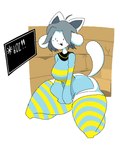 4_ears anthro big_butt black_eyes black_nose blue_clothing blue_topwear bottomless butt clothed clothing dot_eyes dot_nose female floppy_ears fur grey_hair grey_inner_ear hair huge_thighs kneeling legwear long_tail multi_ear open_mouth open_smile pattern_clothing pattern_legwear pattern_thigh_highs short_hair simple_background simple_eyes simple_face smile solo spread_legs spreading striped_clothing striped_legwear striped_thigh_highs stripes tail text text_box thick_thighs thigh_highs topwear white_background white_body white_ears white_fur white_tail wide_hips 4four44 undertale undertale_(series) temmie_(undertale) tem english_text