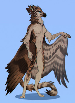 anthro beak feathered_wings feathers female fur markings solo spots spotted_body spotted_fur tail wings shesterrni mythology avian bird gryphon mythological_avian mythological_creature character_request hi_res