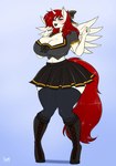 anthro big_breasts bottomwear breasts cleavage clothed clothing feathers female horn legwear skirt thigh_highs white_body white_feathers wide_hips wings chango-tan mythology rosiesquish equid equine mammal mythological_creature mythological_equine winged_unicorn absurd_res hi_res