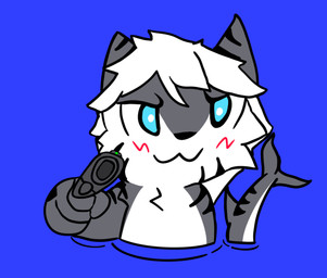 ambiguous_gender blue_background gun pointing_gun_at_viewer ranged_weapon simple_background solo tail water weapon conditional_dnp lord_tourettes boy_kisser_(meme) changed_(video_game) tiger_shark_(changed) aquatic felid fish goo_creature mammal pantherine shark tiger meme
