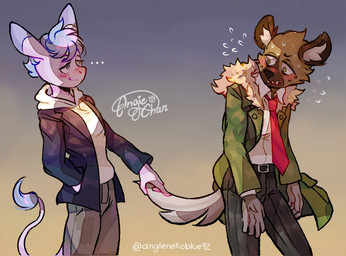 anthro belt blue_hair blush bottomwear brown_body brown_fur clothed clothing collared_shirt dress_shirt duo ellipsis flustered fully_clothed fur gradient_background hair hoodie inner_ear_fluff jacket looking_at_another male male/male necktie pants pink_body pink_fur shirt simple_background tail tail_grab topwear tuft angienekoblue aggretsuko beastars sanrio haida_(aggretsuko) tadano_(aggretsuko) asinus donkey equid equine hyena mammal spotted_hyena hi_res signature