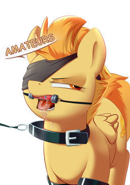 bdsm bit_gag blindfold bodily_fluids clothing collar cutie_mark dripping drooling eye_patch eyewear female feral folded_wings gag gagged hair latex latex_clothing latex_legwear latex_stockings leash leash_pull legwear multicolored_hair narrowed_eyes offscreen_character one_eye_obstructed orange_eyes orange_hair saliva saliva_drip simple_background solo speech_bubble stockings text two_tone_hair white_background wings imadeus friendship_is_magic hasbro my_little_pony mythology spitfire_(mlp) wonderbolts_(mlp) equid equine mammal mythological_creature mythological_equine pegasus absurd_res english_text hi_res