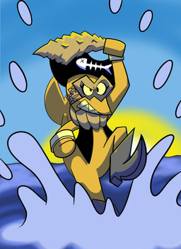 angry anthro attack boots captain_bomora clothing female footwear front_view hat headgear headwear holding_object holding_weapon on_one_leg pirate sea shoes solo splash standing topwear vest water weapon yellow_body pembrokewkorgi aquatic fish perciform scorpaenoid stonefish absurd_res digital_media_(artwork) hi_res portrait three-quarter_portrait