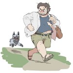 belly bottomwear clothing coat duo feral footwear fur grey_body grey_fur lab_coat male overweight pokemon_professor quadruped running sandals shoes shorts size_difference topwear p1c0_p1c0 nintendo pokemon professor_birch generation_3_pokemon human mammal pokemon_(species) poochyena 1:1 absurd_res hi_res