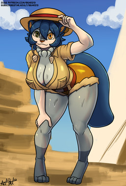 anthro blue_body blue_hair breasts cleavage clothed clothing female hair outside short_hair solo bear213 nintendo pokemon minatsu_(boredomtool) generation_5_pokemon mammal oshawott pokemon_(species) hi_res