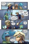 anthro biped blonde_hair blue_body clothed clothing dialogue dialogue_box duo female green_clothing green_eyes hair male open_mouth outside speech_bubble tan_body text bmbrice supercell_(comic) nazuret_kheilafi humanoid lizard reptile scalie zeikauko colored comic english_text hi_res