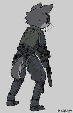 anthro bodily_fluids boots cigarette clothed clothed_anthro clothed_male clothing footwear fully_clothed fully_clothed_anthro fully_clothed_male fur grey_background grey_body grey_fur gun holding_gun holding_object holding_ranged_weapon holding_rifle holding_weapon male military military_uniform nervous nervous_sweat ranged_weapon rear_view rifle shoes simple_background smoking smoking_cigarette soldier solo sweat uniform warrior weapon bravobunny canid canine canis mammal wolf full-length_portrait hi_res portrait