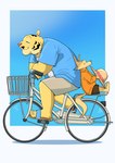 anthro bicycle biped bottomwear clothing duo eyes_closed footwear hat headgear headwear kemono male sandals shirt shoes shorts simple_background sitting topwear vehicle panda_po canid canine felid fox mammal pantherine tiger 2024 hi_res