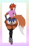 anthro apron big_butt black_ears black_nose blue_bottomwear blue_clothing blue_shorts bottomwear bow_tie butt clothed clothing collar converse_shoes dipstick_tail femboy fluffy fluffy_tail footwear fox_ears fox_tail fur hair hotpants huge_butt inner_ear_fluff long_socks looking_back makeup male markings multicolored_body multicolored_fur open_mouth orange_body orange_fur orange_tail pants pink_clothing pink_shirt pink_topwear pose presenting presenting_hindquarters shirt shoes shorts simple_background smile sneakers solo t-shirt tail tail_markings tongue tongue_out topwear tuft white_body white_fur white_tail_tip vikifox chuck_taylor_all_stars converse thotfox viki_(vikifox) canid canine fox mammal hi_res