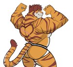 anthro brown_hair butt clothed clothing flexing fur hair jockstrap male muscular muscular_anthro muscular_male orange_body orange_fur simple_background solo striped_body striped_fur stripes topless underwear white_background darknaigart fukai_kasai felid mammal pantherine tiger absurd_res hi_res