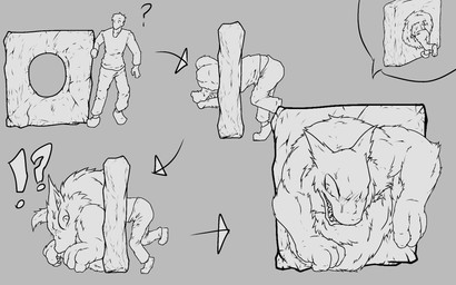 anthro basic_sequence claws confusion contextual_arrow curious cutaway directional_arrow exclamation_point finger_claws four_frame_image four_frame_sequence grimace hole_in_wall interrobang looking_back male mid_transformation pupils question_mark rock sequential_arrow sharp_teeth slit_pupils solo species_transformation squeezing stone_wall stuck teeth through_wall transformation transformation_sequence wall_(structure) worried boiled52738691_(artist) 16:10 2020 hi_res monochrome sequence widescreen