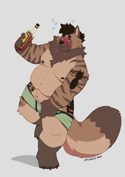 3_toes 4_fingers alcohol anthro arm_tattoo beverage big_tail blush bottle bowser_logo bowser_tattoo brown_body bubble butt butt_tattoo claws clothed clothing container crotch_tuft dark_hair drunk drunk_bubble feet fingers fluffy fluffy_tail grabbing_underwear japanese_tattoo label male markings neck_tuft nipples one_leg_on_ground one_leg_up overweight overweight_anthro overweight_male partially_clothed pubic_tattoo raised_leg simple_background solo standing striped_arms striped_markings stripes substance_intoxication tail tattoo toe_claws toes tuft underwear underwear_down underwear_only bluechubbywolf chubby_blue godzilla_(series) toho ray_(dexyrays) zilla hyena mammal hi_res watermark