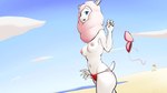 anthro beach bikini blue_eyes breasts clothed clothing cloud crotch_tuft female fur hair looking_at_viewer navel nipples pink_body pink_fur pink_hair pink_wool pube_peek sand sky smile solo standing swimwear topless tuft two-piece_swimsuit undressing water white_body white_fur wool_(fur) spikeybluething odd_taxi miho_shirakawa_(odd_taxi) alpaca camelid mammal 16:9 hi_res widescreen