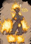 big_breasts black_body black_skin breasts claws digitigrade erect_nipples female fire horn humanoid_pointy_ears macro nipples not_furry nude orange_nipples pointy_ears red_eyes solo standing text thetenk humanoid hybrid english_text